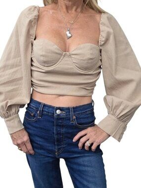 Majorelle Beige Corset Crop Top Puff Sleeve Open Back Size S